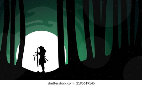 silhouette of a samurai in the night forest. Japanese samurai warrior with a sword. Japan theme background. 