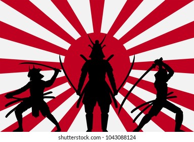 silhouette samurai on rising sun japan flag