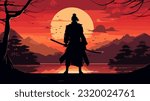 Silhouette of a samurai posing during sunset. Warrior sword in silhouette art style