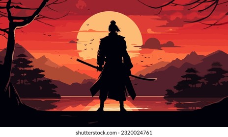Silhouette de un samurai posando al atardecer. Espada guerrera al estilo de la silueta
