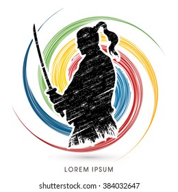 Silhouette Samurai, Ready to fight designed on spin wheel background graphic vector