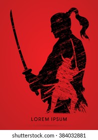 Silhouette Samurai, Ready To Fight Designed Using Grunge Brush Graphic Vector