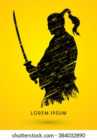 Silhouette Samurai, Ready to fight designed using grunge brush graphic vector