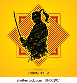 Silhouette Samurai, Ready to fight designed on line square background graphic vector