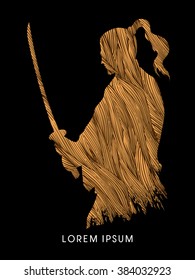 Silhouette Samurai, Ready to fight designed using grunge brush graphic vector