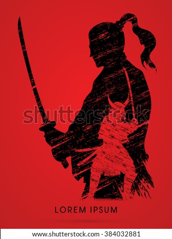 Silhouette Samurai, Ready to fight designed using grunge brush graphic vector