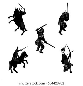 silhouette samurai (rider, archer, with a sword). editable layers on white