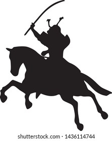 Silhouette Samurai Riding Horse with Yoroi and Kabuto Armor Bring The Katana Sword - Vector