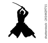 Silhouette of a samurai vector. Japanese samourai fighting with sword. Warrior sword in silhouette art style. Template illustration