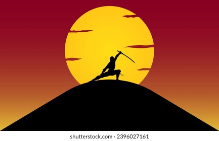 The silhouette of a samurai war against the sun background.