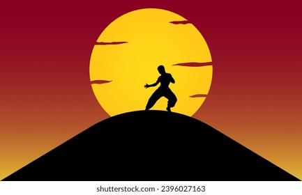 The silhouette of a samurai war against the sun background.