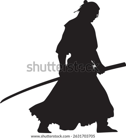 Silhouette of a samurai warrior holding a katana on a reflective surface against a white background