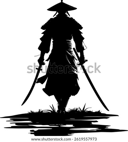 Silhouette of a samurai warrior standing with two katanas, wearing traditional Japanese armor and a conical hat, reflected in water. Black and white illustration on a white background.