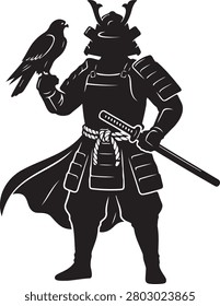 silhouette samurai warrior sword armor bird shoulder combat stance isolated black white vector illustration graphic design