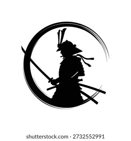Silhouette of a samurai warrior within a circular brushstroke design