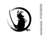 Silhouette of a samurai warrior within a dynamic circular brushstroke