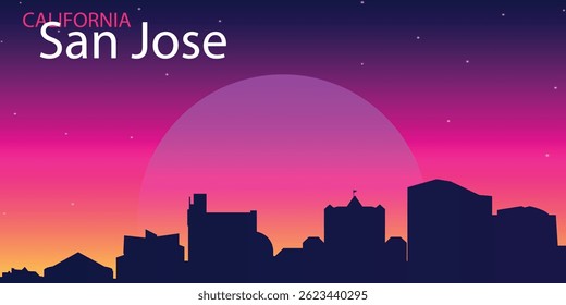 A silhouette of the San Jose, California city skyline against a bright purple and pink sky with a large round moon in the style of a retro-futuristic or neon wipe, with stars scattered across the sky.