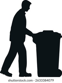 Silhouette of Sanitation Worker Pushing Trash Bin