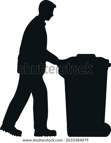 Silhouette of Sanitation Worker Pushing Trash Bin