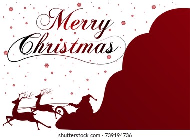 Silhouette with Santa Claus and bag full of gifts on winter background. Cartoon scene.lettering of Merry Christmas.vector