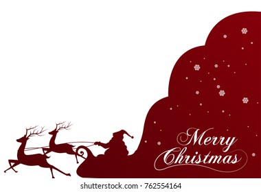 Silhouette with Santa Claus and bag full of gifts on winter background. Cartoon scene.lettering of Merry Christmas.vector
