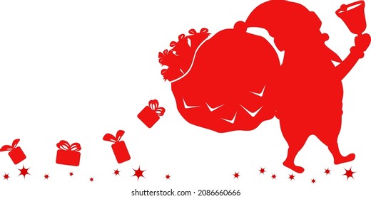 Silhouette of Santa Claus with a bag, gifts and a bell. Merry christmas and new year