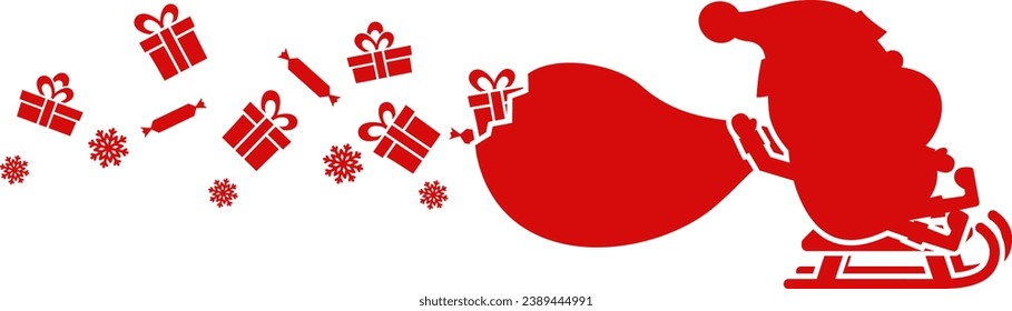 Silhouette of Santa Claus with a bag of gifts rides on a sleigh on a white background. Christmas character