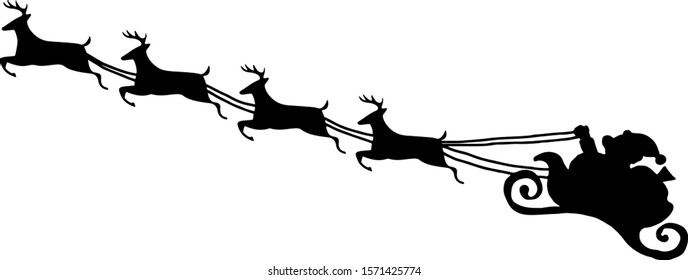 Silhouette of Santa Claus carrying Christmas presents on his reindeer sleigh. Vector illustration. 