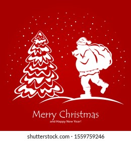 Silhouette of Santa Claus and Christmas tree. Red winter background with lettering Merry Christmas and Happy New Year. Illustration can be used for holiday cards, children's clothing or things design.