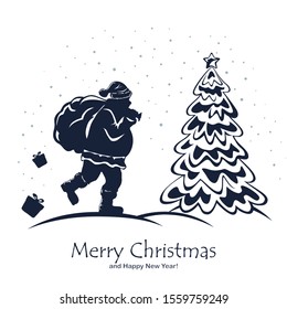 Silhouette of Santa Claus and Christmas tree with star. Winter snowy background with text Merry Christmas. Illustration can be used for holiday cards, children's clothing or things design and banners.