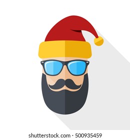 Silhouette of Santa Claus with a cool beard, mustache and glasses in flat style with long shadow on white background
