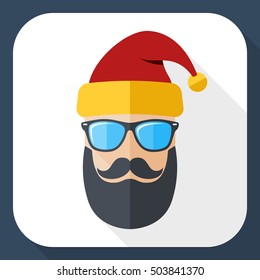 Silhouette of Santa Claus with a cool beard, mustache and glasses in flat style with long shadow