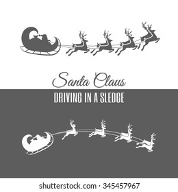 Silhouette Santa Claus driving in a sleigh and deers set isolated on white background. Merry Christmas and Happy New Year. Vector Illustration