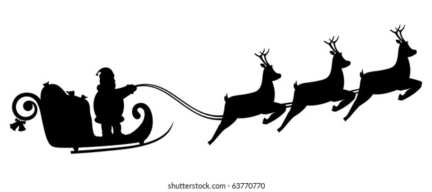 Silhouette Santa Claus fly in a sleigh. Design for Your Christmas, New Year concept