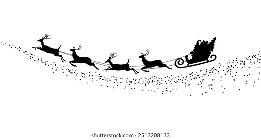 silhouette Santa Claus flying with deer. vector illustration