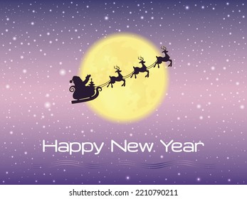 Silhouette of Santa Claus flying on a sleigh with reindeers on the background of the sky with the shining moon. Night sky with falling snow, snowflakes. Winter, new year, Christmas vector illustration