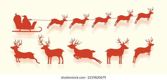 silhouette of santa claus flying on sleigh with reindeer design in set 