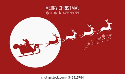 Silhouette. Santa claus flying with reindeer sleigh on background of the full moon. Cartoon Vector Illustration.