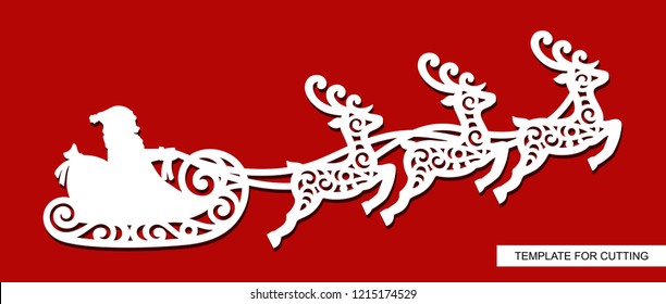 Silhouette of Santa Claus flying in a sleigh with reindeers. Festive decoration  toy for Christmas or New Year. Winter template for laser cutting, wood carving, paper cut and printing. Vector image.