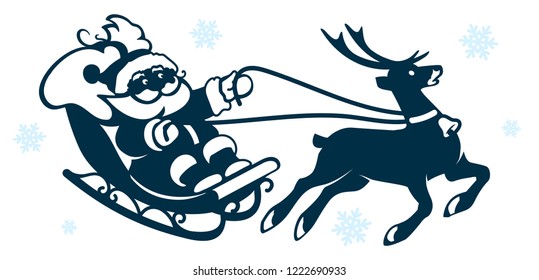 Silhouette of Santa Claus flying in a sleigh with reindeer. Festive decoration toy for Christmas or New Year. Winter template for laser cutting, wood carving, paper cut, printing. Vector illustration