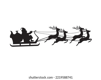 Silhouette of Santa Claus is flying in sleigh full of presents with Christmas reindeer. New Year and Christmas celebrations. Vector illustration.