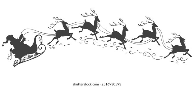 Silhouette of santa claus, Santa Claus is flying in sleigh with Christmas reindeer. Silhouette of Santa Claus, sleigh with Christmas presents and reindeer