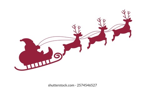 The silhouette of Santa Claus is flying in a sleigh with reindeer. Vector Christmas illustration isolated on a white background