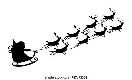 Silhouette Santa Claus flying in a sleigh eight reindeer.Isolated.Christmas and New Year.White background.Vector illustration
