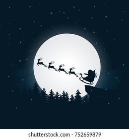 Silhouette Santa Claus flying in a sleigh with reindeer.Full moon, stars, snows, sky and Pine.Christmas and New Year.Vector illustration.