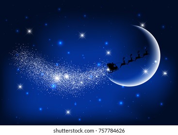 Silhouette of santa claus flying through the night sky