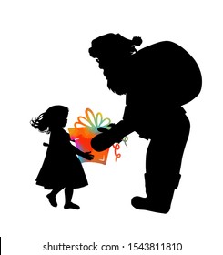 The silhouette of Santa Claus gives a gift to the girl. Vector illustration