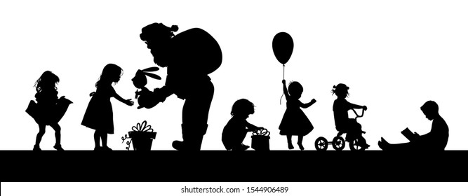 The silhouette of Santa Claus gives a gift to the girl. Silhouettes of children for the new year. Vector illustration