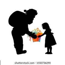 The silhouette of Santa Claus gives a gift to the girl. Vector illustration