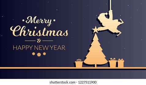 Silhouette of Santa Claus hanging on a rope and decorating christmas tree. Christmas concept.